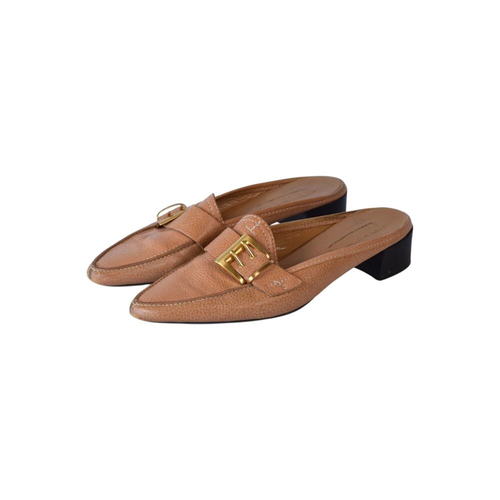 Enzo Angiolini Leather Mule Loafers Brown Gold Buckle Heels 6.5